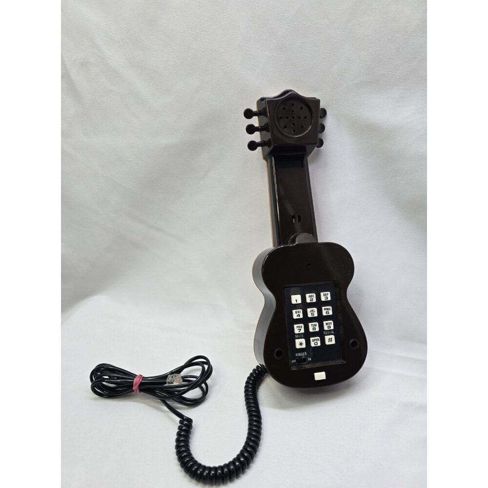 Vintage Guitar Shape Telephone by Curtis, Brown Touch Tone Corded Novelty Phone - Picture 2 of 9